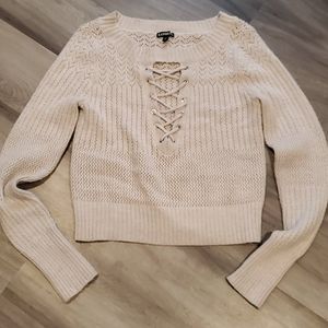 Express Cream Lace-Up Knit Scoop Neck Sweater